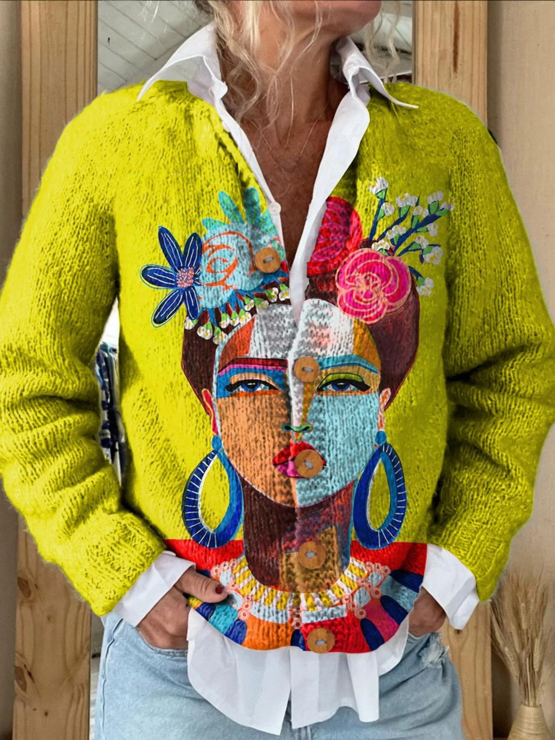 Cardigan with painted portrait art print and buttons