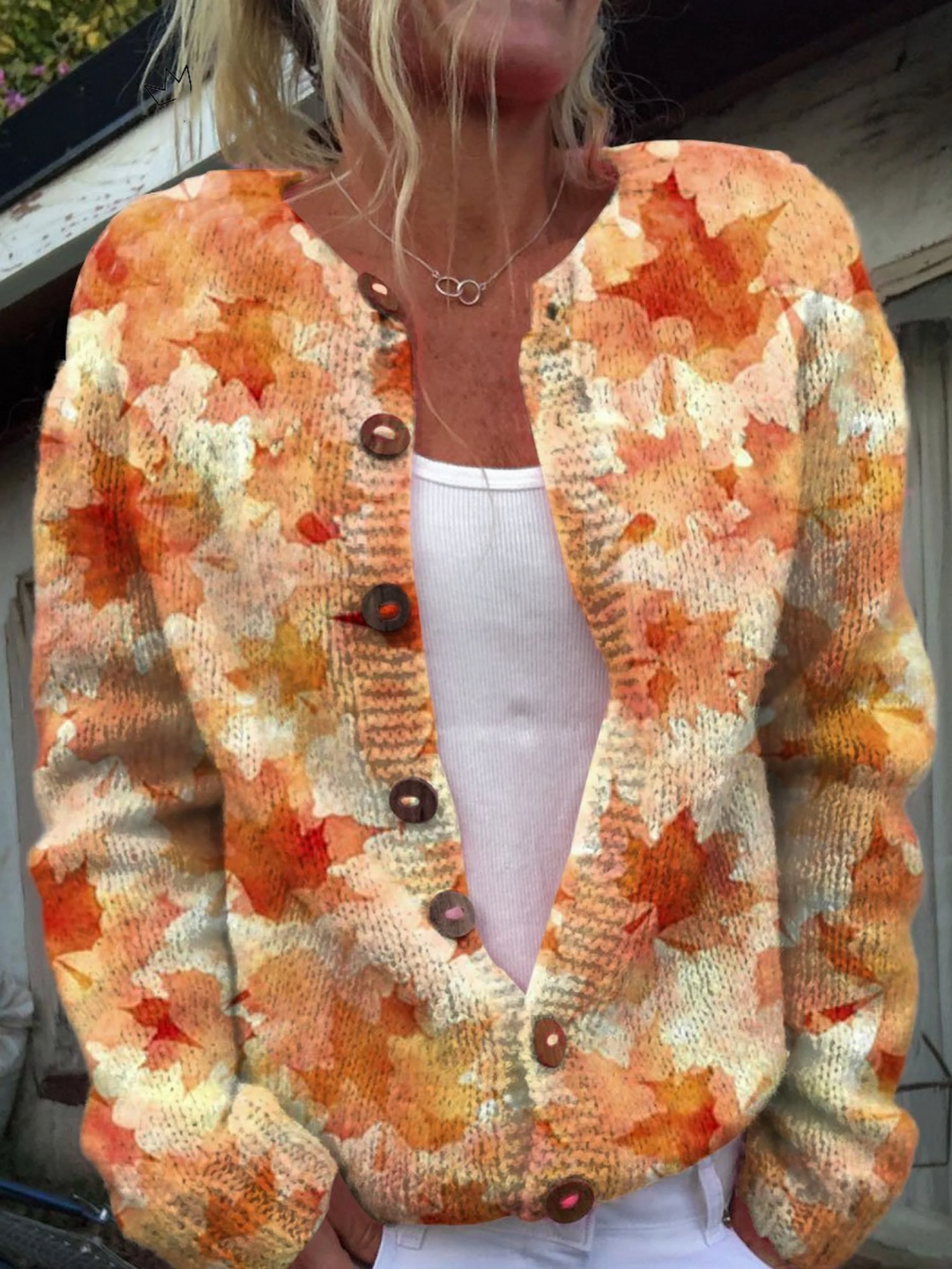 Autumn cardigan with maple leaf art print and buttons