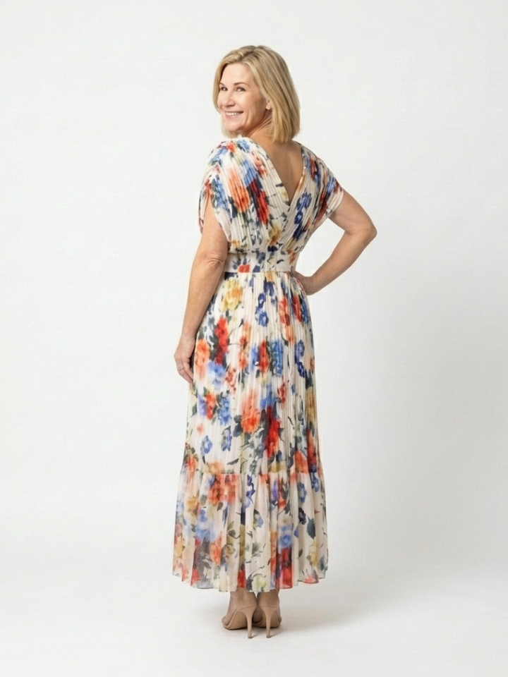 Mira Multicolour Pleated Floral Midi Dress
