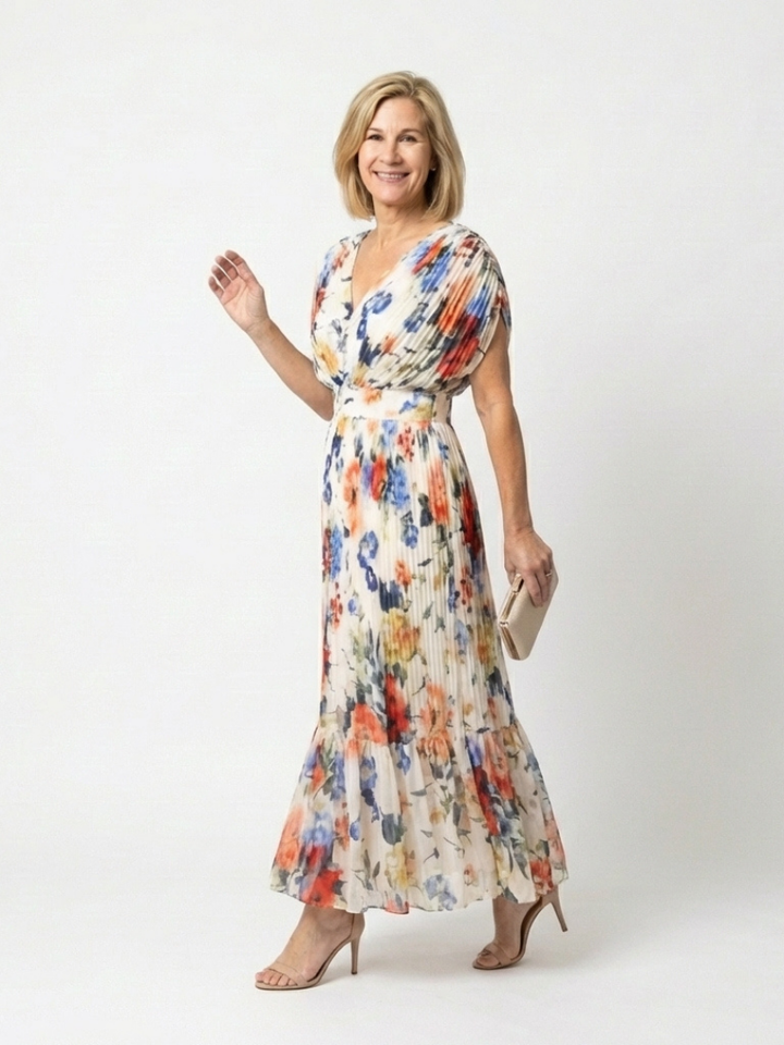 Mira Multicolour Pleated Floral Midi Dress