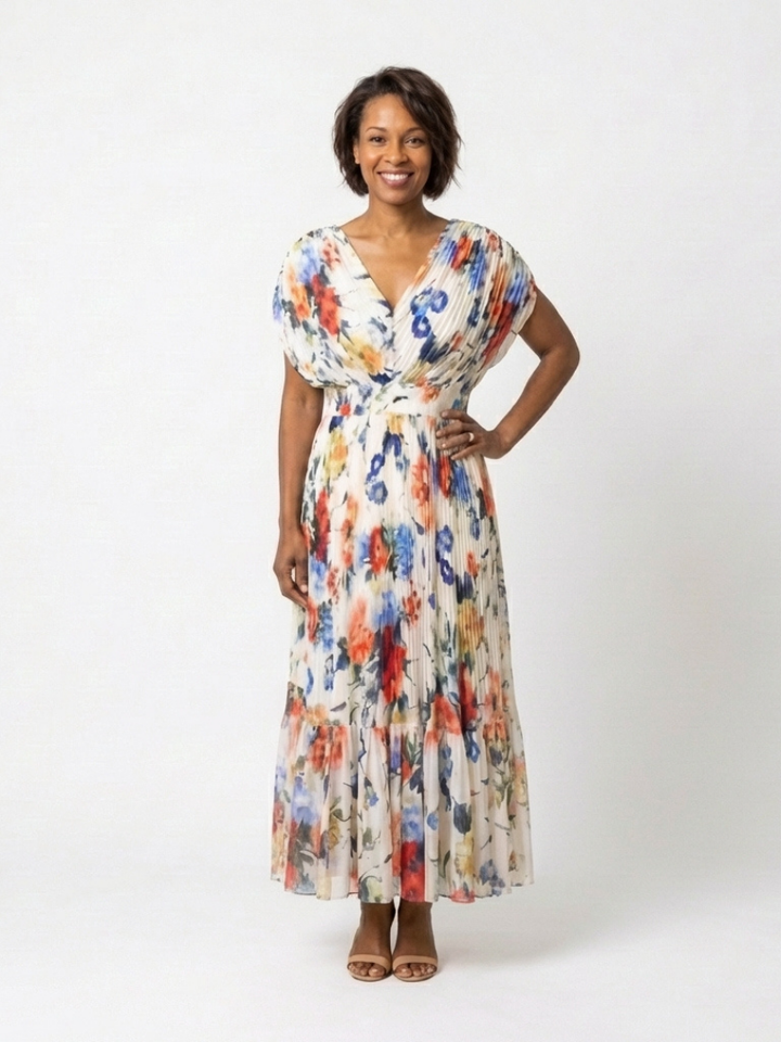 Mira Multicolour Pleated Floral Midi Dress