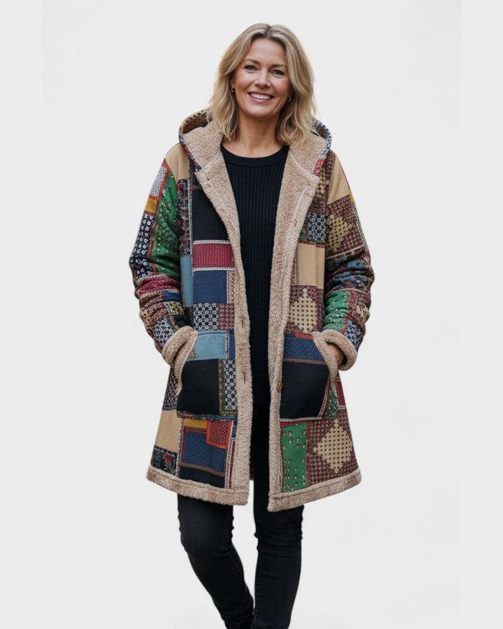 Kiara cosy patchwork hoodie in earth tones