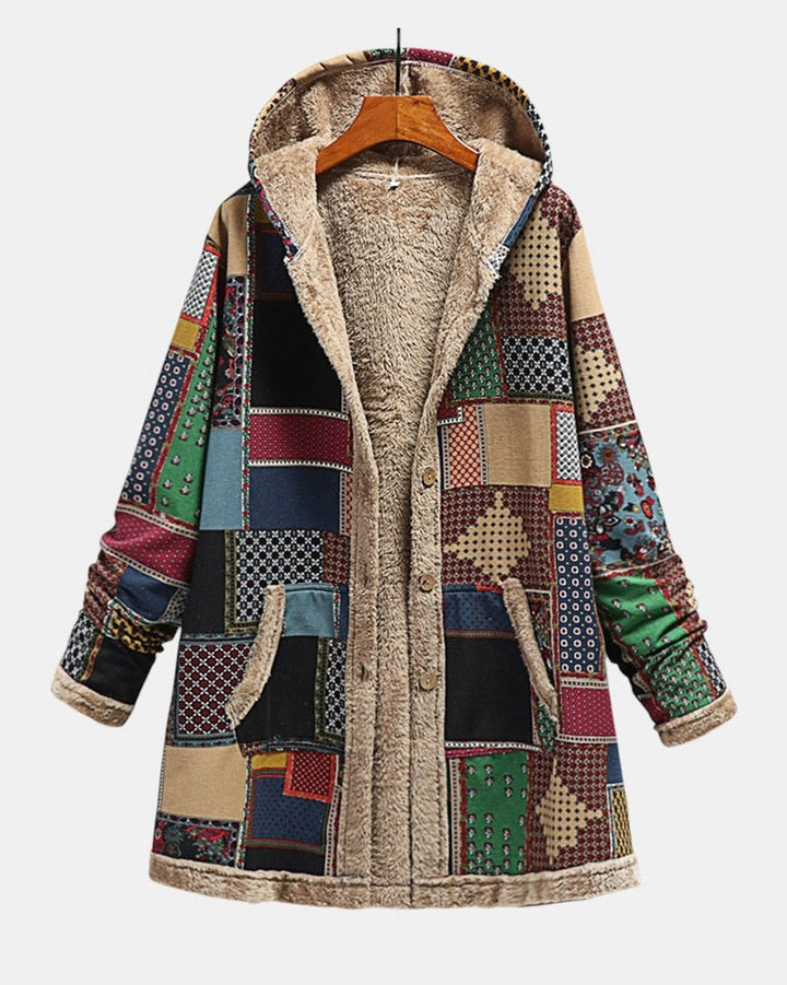 Kiara cosy patchwork hoodie in earth tones