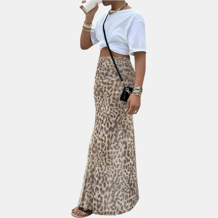Women's High Waist Mesh Overlay Slim Fit Maxi Skirt with Split