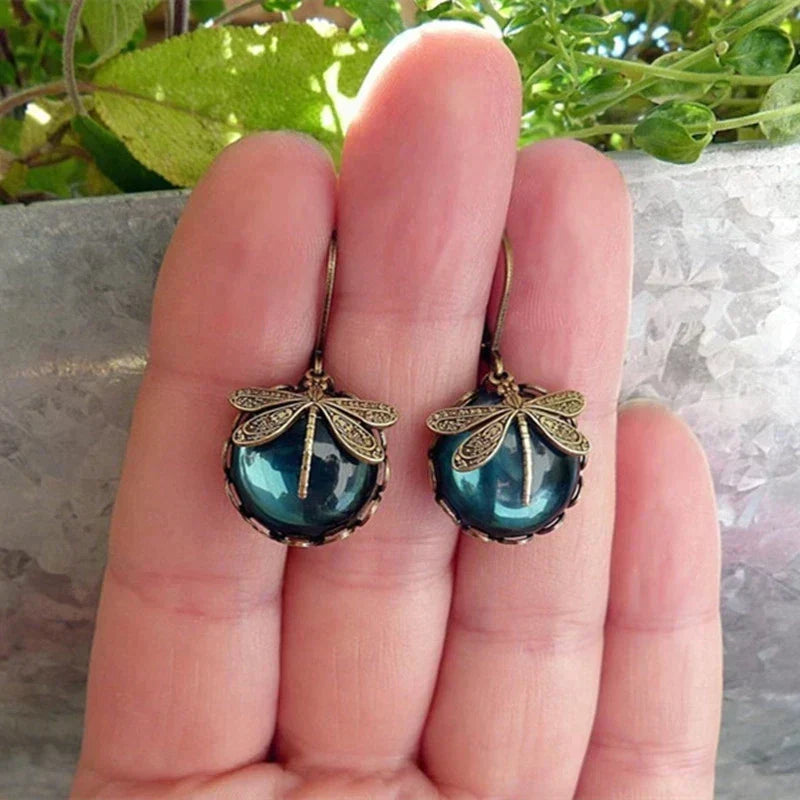Claire | Spherical Dragonfly Earrings in Antique Gold