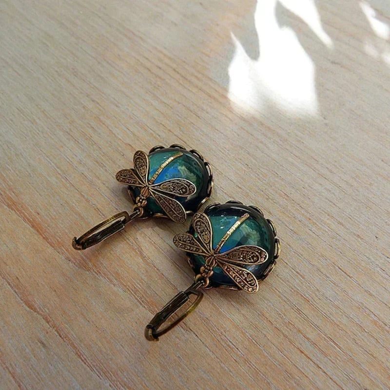 Claire | Spherical Dragonfly Earrings in Antique Gold