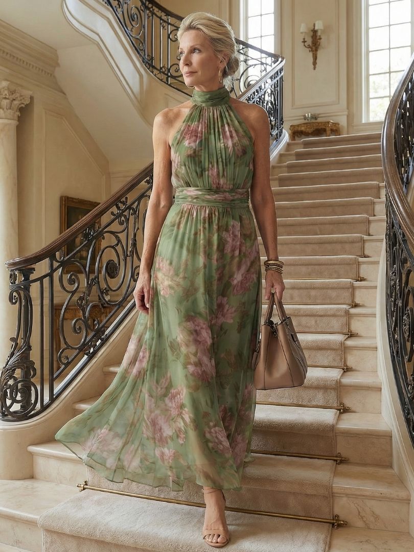 Octavia Sage Green Halter Maxi Dress