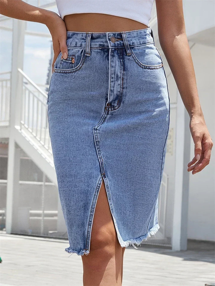 Leah | Casual Slit Midi Denim Skirt
