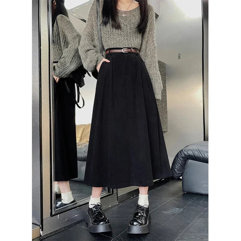 Naomi | Classic Belt Corduroy Midi Skirt