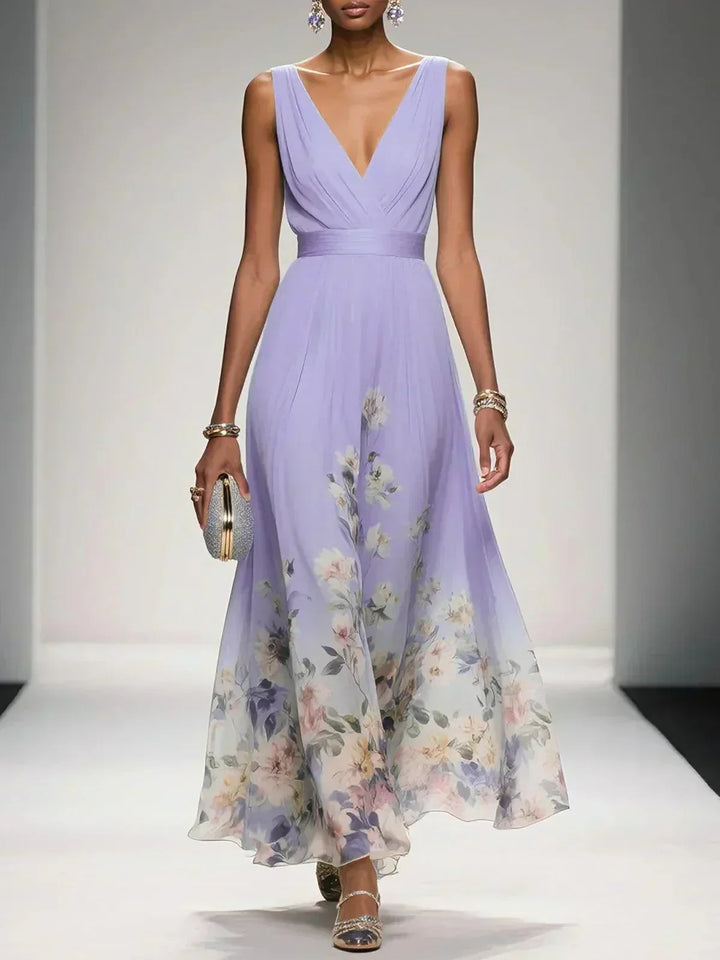 Zoe | Maxi dress made of chiffon with flowers light blue and V-neck